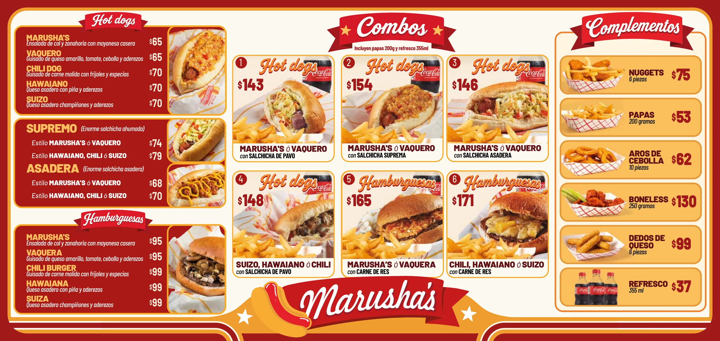 Menú completo de Marusha's: hot dogs, hamburguesas, combos y complementos con precios
