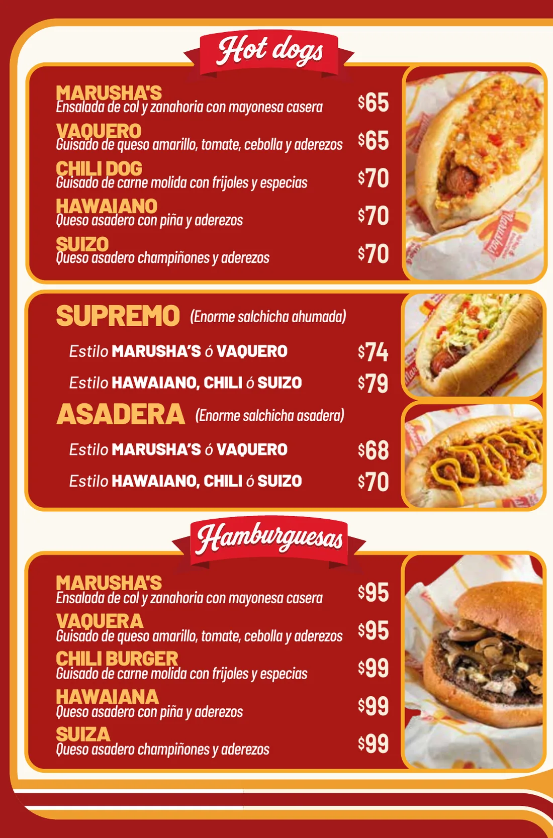 Menú de hot dogs y hamburguesas con precios